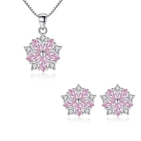 fashion silver color pink zircon cherry blossoms flower necklaceearrings jewelry set for women girl choker brincos