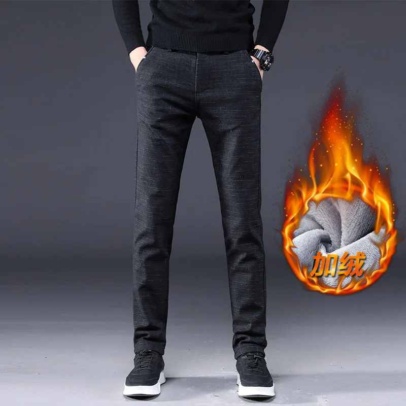 2019 Winter Plus Velvet New Casual Pants Men Cotton Slim Fit Chinos Fashion Trousers Male Brand Clothing Size Warm | Мужская одежда