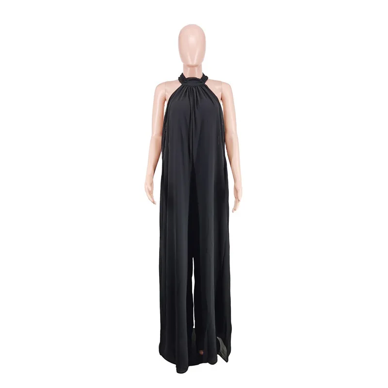 HAOOHU Spring Women Chiffon Halter Backless Jumpsuits Loose Style Long Overalls Elegant Party Club Wide Leg Jumpsuit