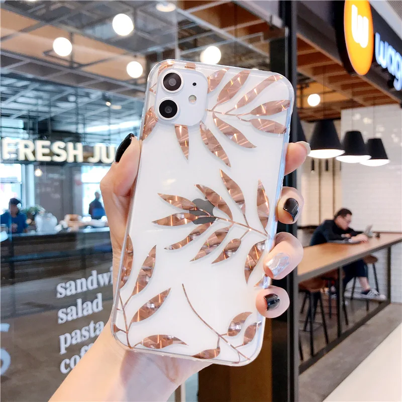 Роскошный прозрачный чехол Bronzing с золотыми листьями для iPhone 11 Pro Max X XS XR 8 7 Plus 6 6S