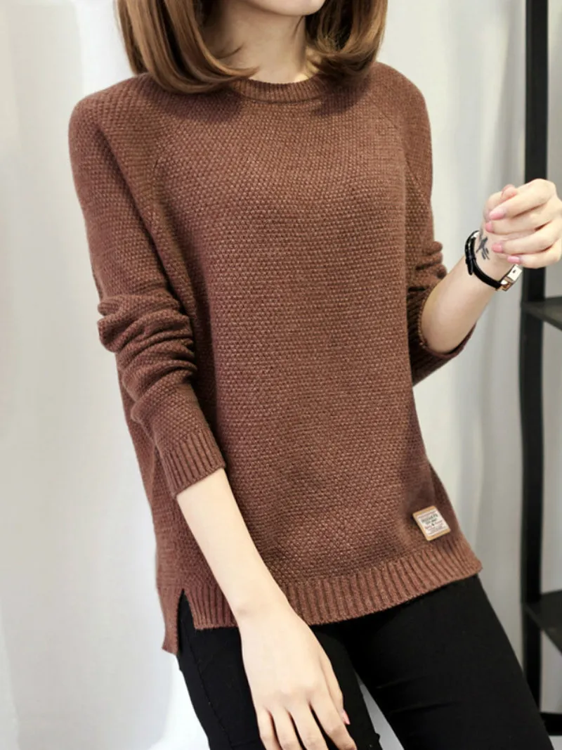 Свитера и пуловеры с круглым вырезом повседневные теплые кофейного цвета