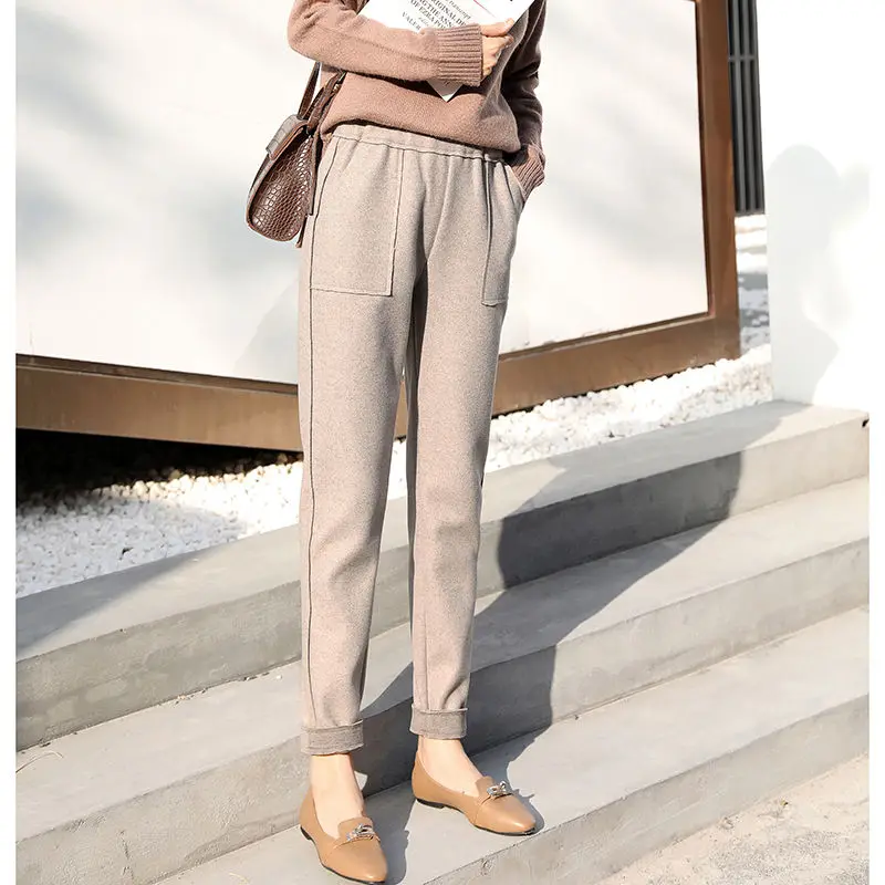 Зимние женские штаны с высокой талией бархатные утепленные шерстяные шаровары