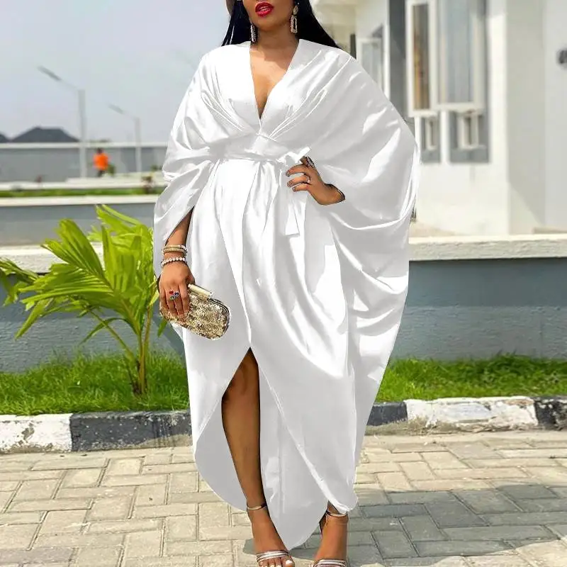 

Sexy Evening Party Dress Women Deep V Neck Irregular Long Dress 2021 VONDA Spring Long Sleeve Vestidos Satin Robe