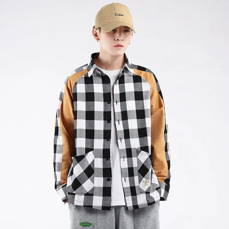 

Men's Clothing 100% Cotton New Spring Autumn Long Sleeve Shirt Young Plaid Stitching Color Frosted Korean Version Loose Top