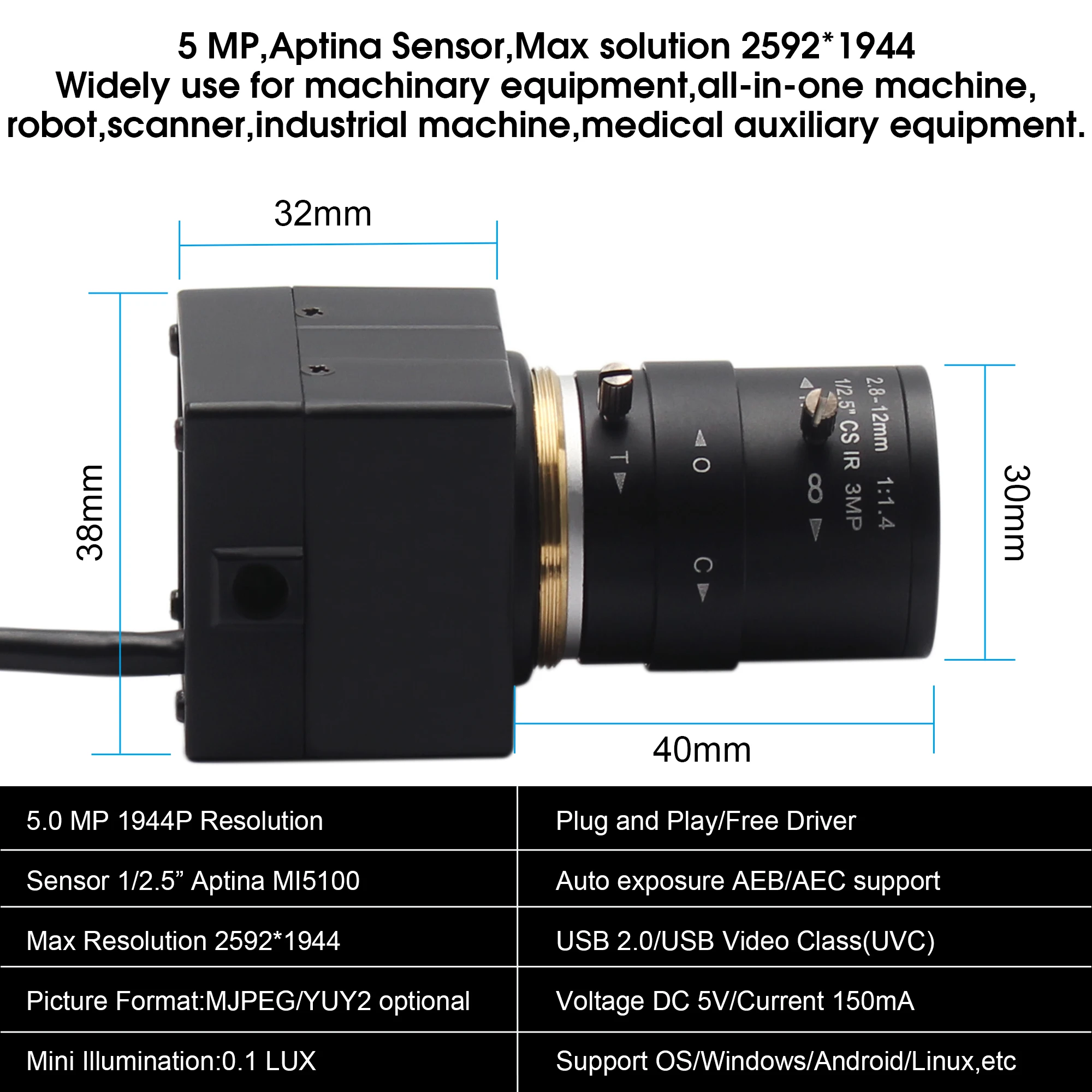 ELP 5 0 мегапиксельная камера Aptina MI5100 CS 2 8 12 мм с переменным фокусным расстоянием