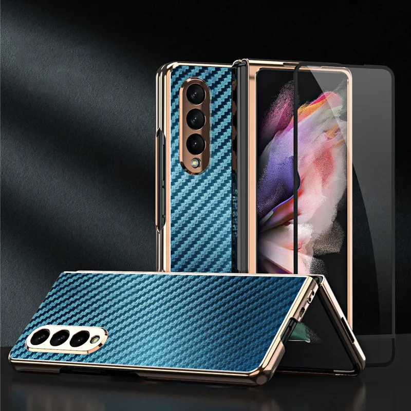 

Front Glass Carbon Fiber Texture Case for Samsung Galaxy Z Fold 3 Phone Cover Plating Frame Hard Plastic Case for Z Fold3