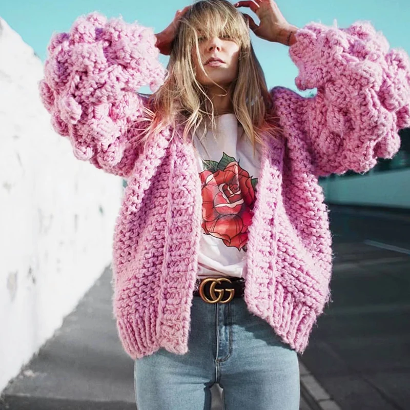 Модный новый женский вязаный кардиган с пышными рукавами свободный свитер