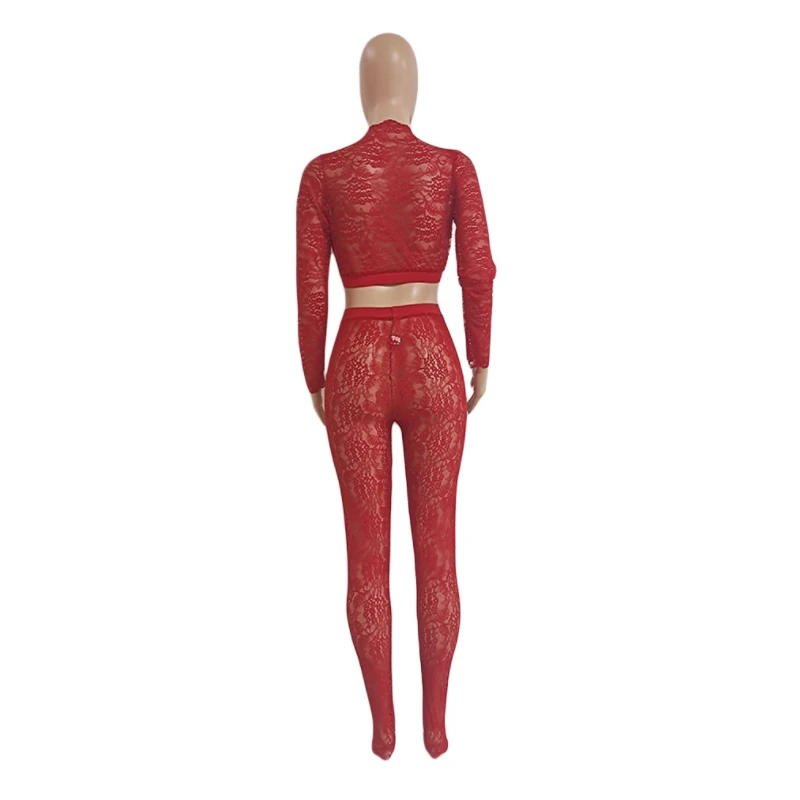 

Deep V Neck Crop Top And Pants Matching Sets Lace Crochet Two Piece Set Sexy Bandage Outfits For Women Sheer Bodycon Sweat Suit