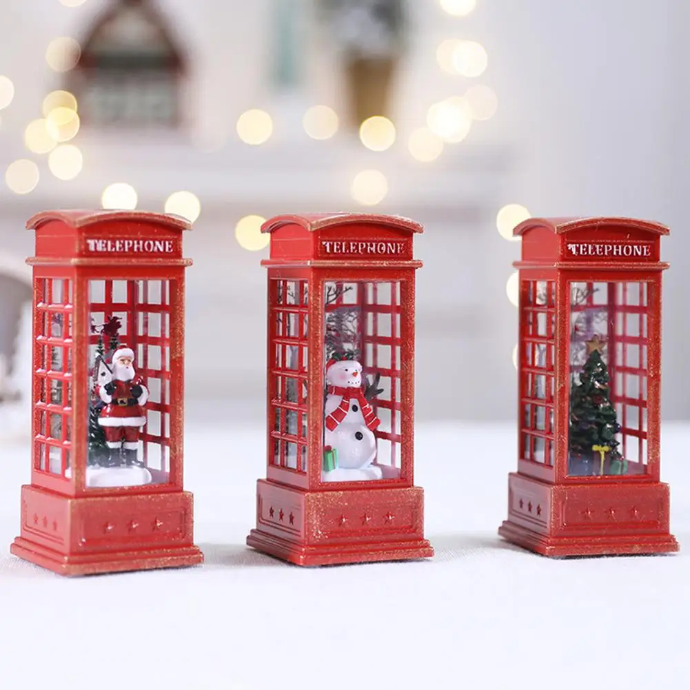 

Christmas Phone Booth Battery Operated Tabletop Christmas Decorations Old Man Snowman Interior Telephone Booth Luminous Ornament