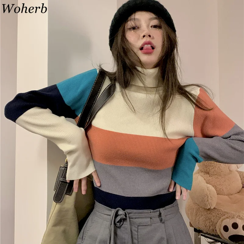 Пуловер Woherb в радужную полоску с воротником-хомутом женский корейский шикарный