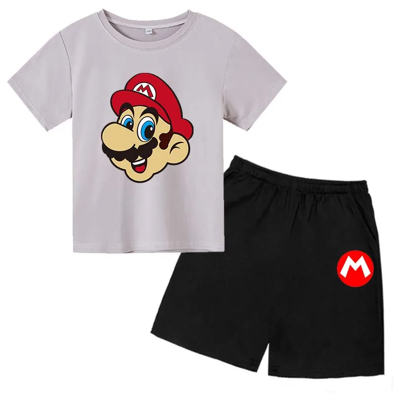 

Boys and Girls Summer New Children's Sports Short-sleeved Cartoon Super Mario T-shirt + Shorts 2-piece Set 2-14 Years Old