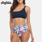 Комплект бикини Anfilia, купальники для женщин, на одно плечо, с цветочным принтом, из двух частей, ребристый купальный костюм с высокой талией, купальник