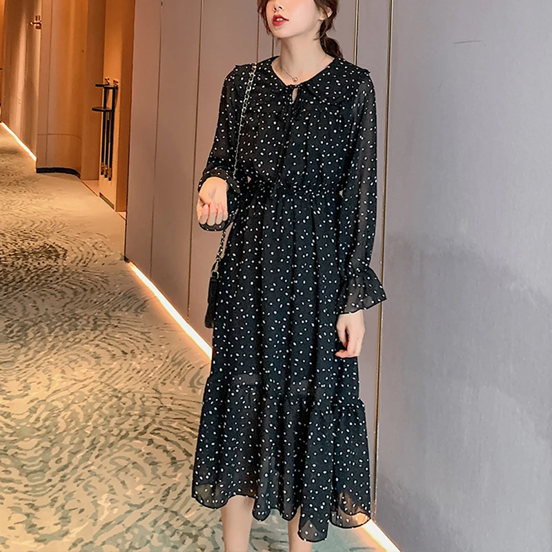 BGTEEVER винтажное на шнуровке в горошек женское платье с расклешенными рукавами
