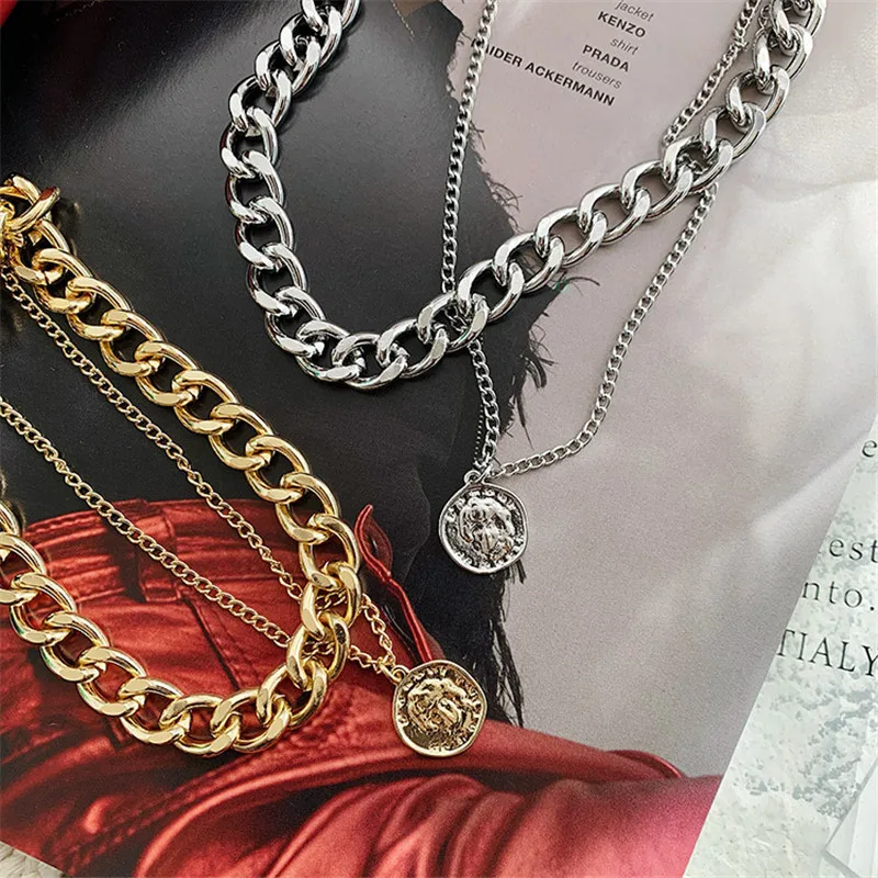 

Retro Portrait Exaggerated Thick Chain Necklace Double Layer Cool Chain Hip Hop Necklace Short Clavicle Chain