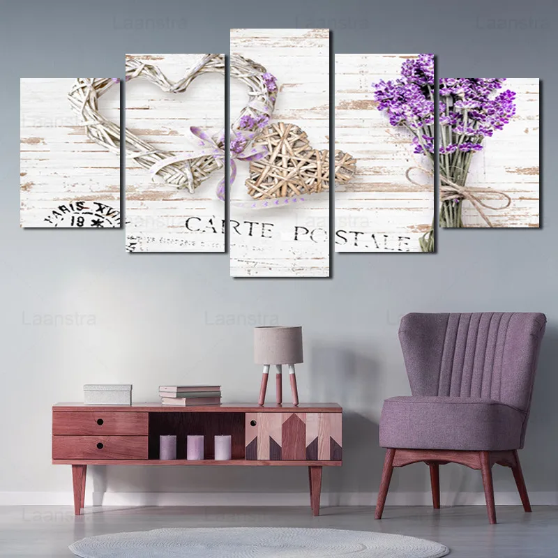 

Flower and Text Series Rattan Woven Heart Lavender Background Decorative Painting Living Room Wall Canvas Painting Home Decor