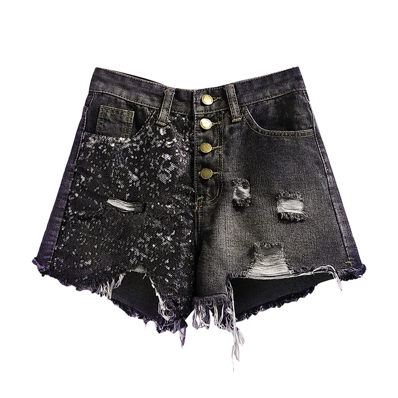 

Summer Burst Sequins High Waist Large Size Fat Mm Was Thin Commuting Hole A Word Hot Pants Denim Shorts Female