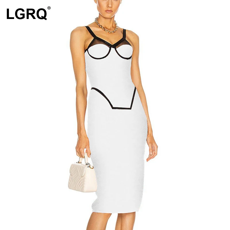 

[LGRQ] Women White Zipper Patchwork Sexy Skinny Dress New arrival V-Neck Sleeveless Fit Fashion Tide Autumn Spring 2021 19D2808