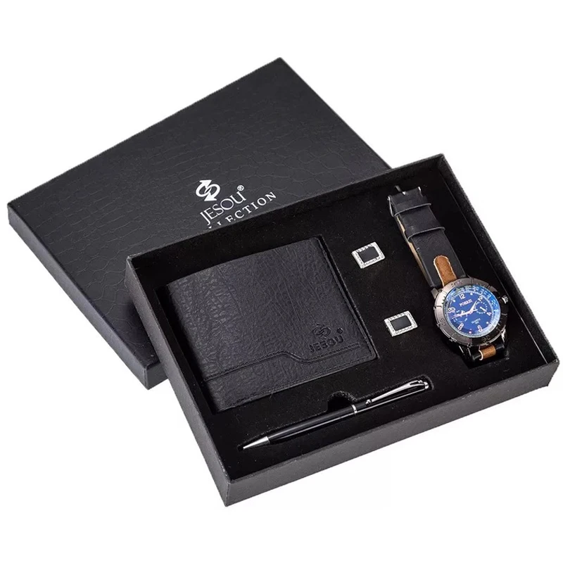 Мужские часы, подарочный набор, ретро Повседневные Спортивные кварцевые наручные часы, кошелек, шариковая ручка с запонками, набор для рожд... от AliExpress WW