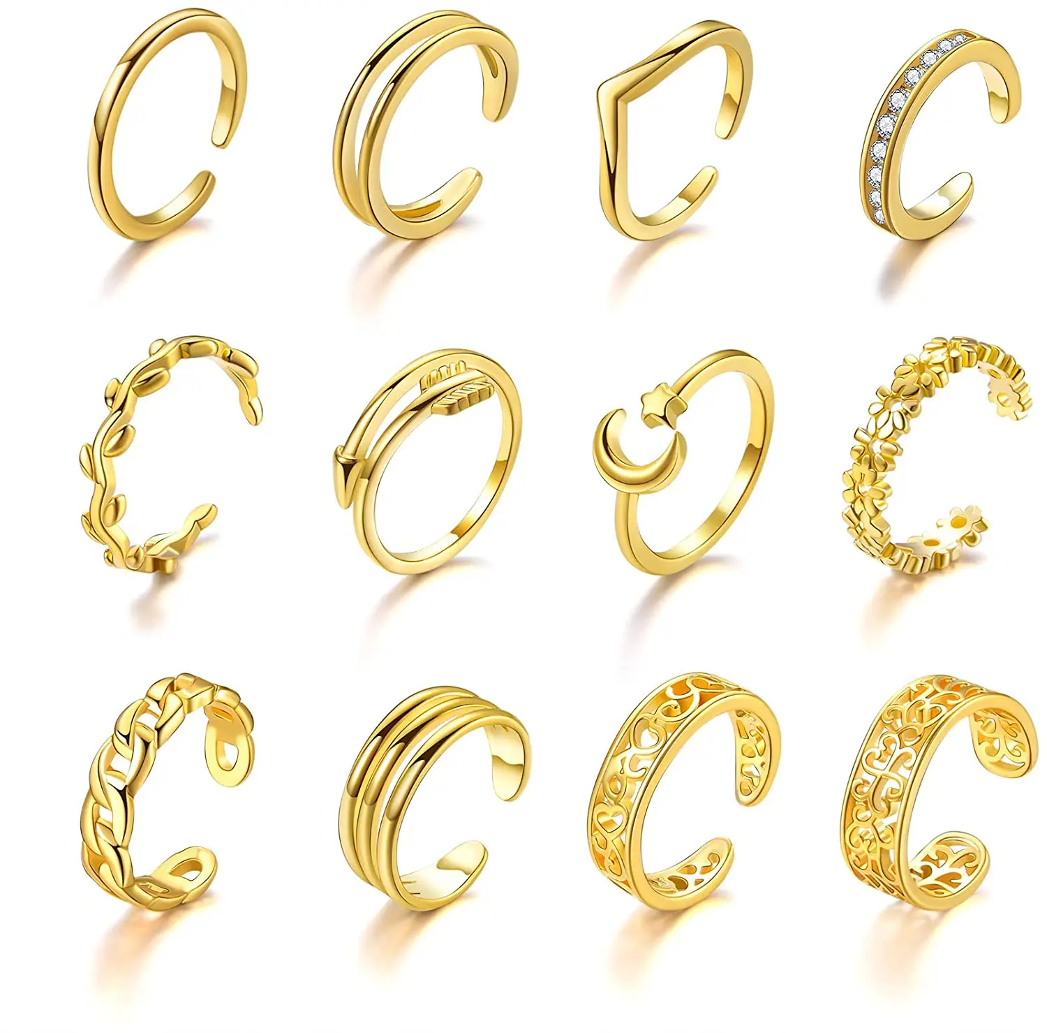 

12PCS Adjustable Toe Rings for Women Plated CZ Chain Arrow Moon Hallow Open Toe Ring Set for Women Summer Beach Foot Jewelry