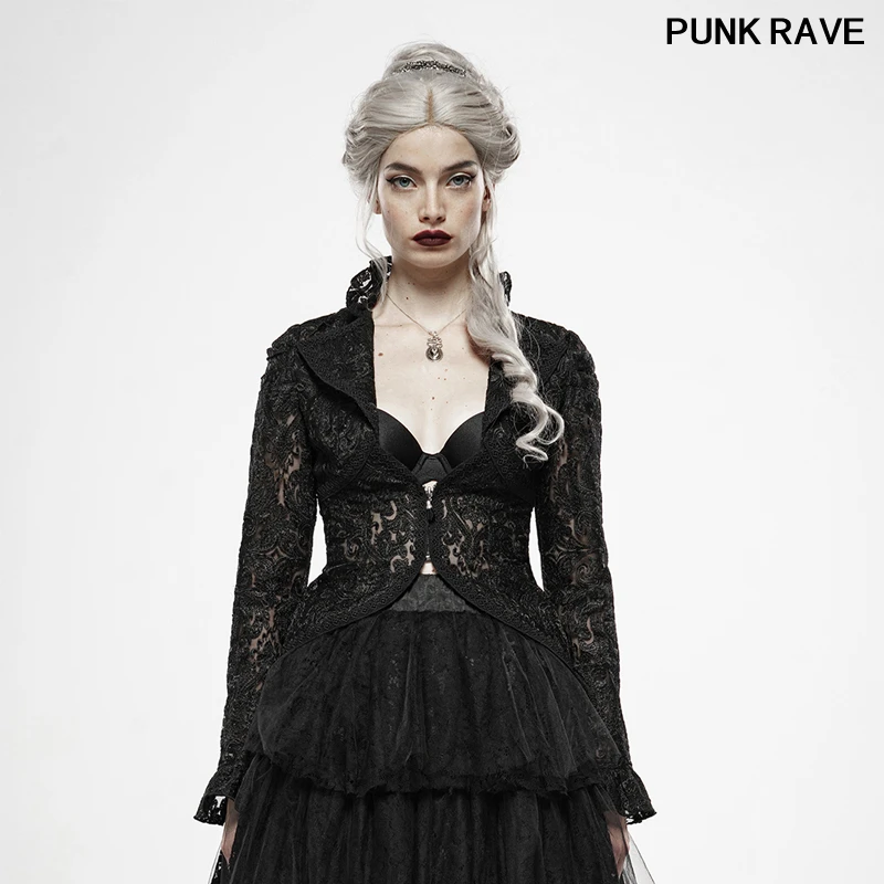 

Open-breasted Lapel Lotus Sleeve Metal Zipper Sexy Women Coat Classic Dark Queen Perspective Lace Jacket PUNK RVE WY-1144LDF