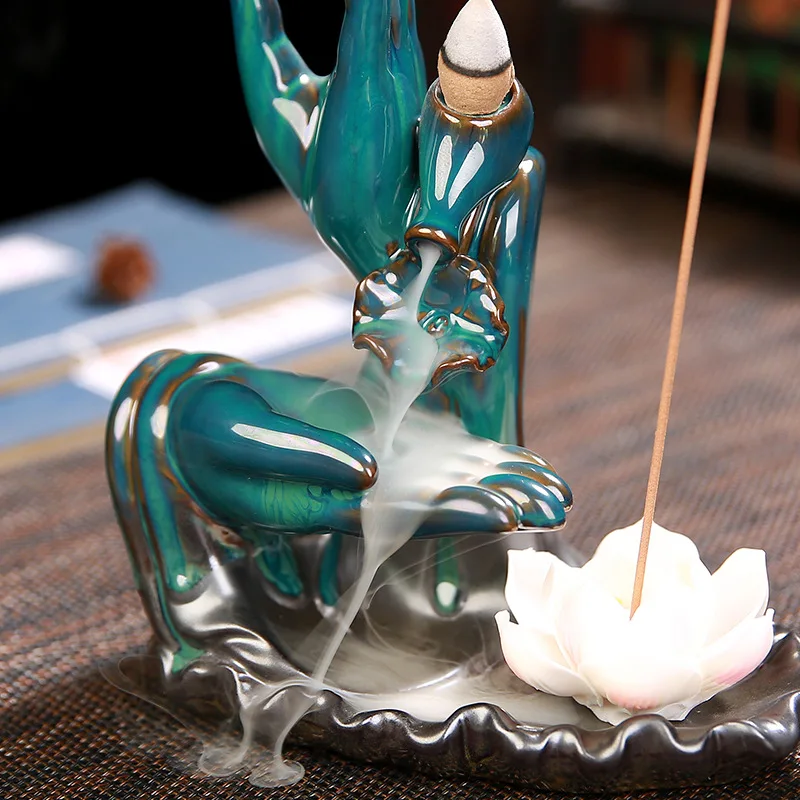 Горелка для благовоний керамическая ручка Будды лотос водопад курильница с