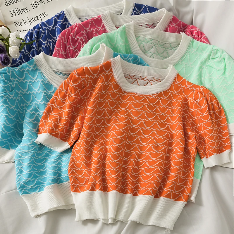 

Женская модная облегающая вязаная блузка с коротким рукавом и круглым вырезом, милый Повседневный Топ для девушек, элегантная повседневная...