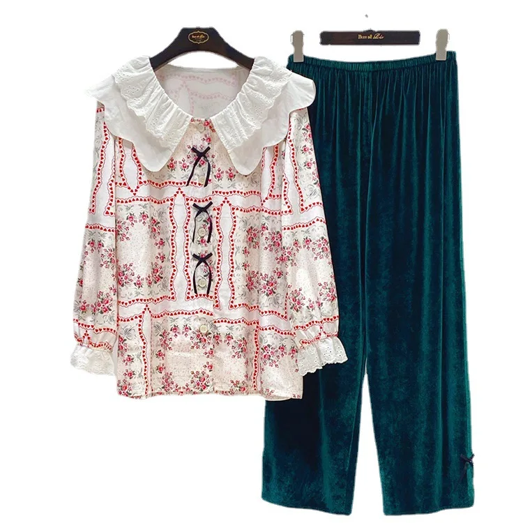 

Korean Style Palace Style Double-Layer Jacquard Gold Velvet Doll Collar Floral Bow Long Sleeve Pajamas Kawaii Pajama