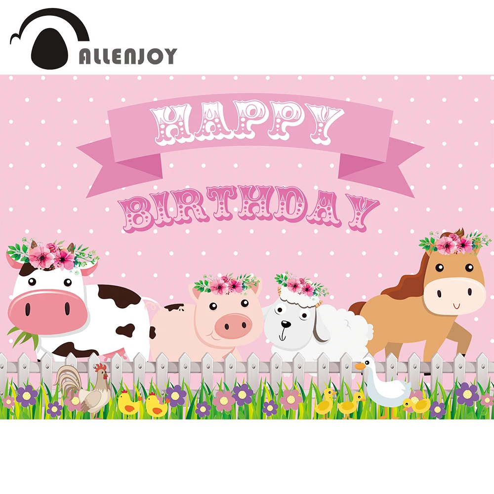 Allenjoy Farm Birthday Backdrop Kids Animal Pink Dots Flowers Fence Cow Party Decoration Photography Background Photozone Banner