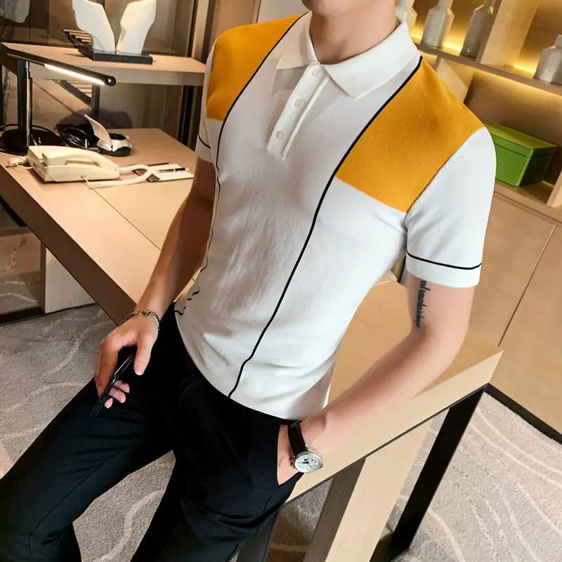 

Новинка лета 2021, модная простая дизайнерская мужская рубашка-поло с контрастными вертикальными линиями, тонкая дышащая Высококачественная...