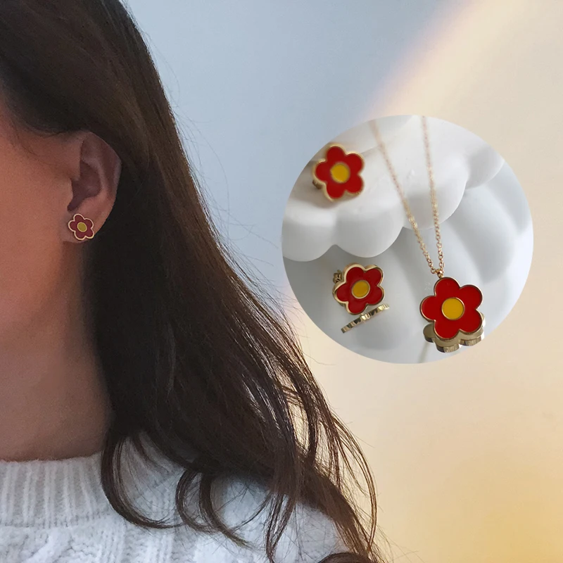 

Spring&Summer Collection Small Dalicate Enamel Red Flower Stud Earrings for Girl Ladies Romantic Flower Jewelry Set