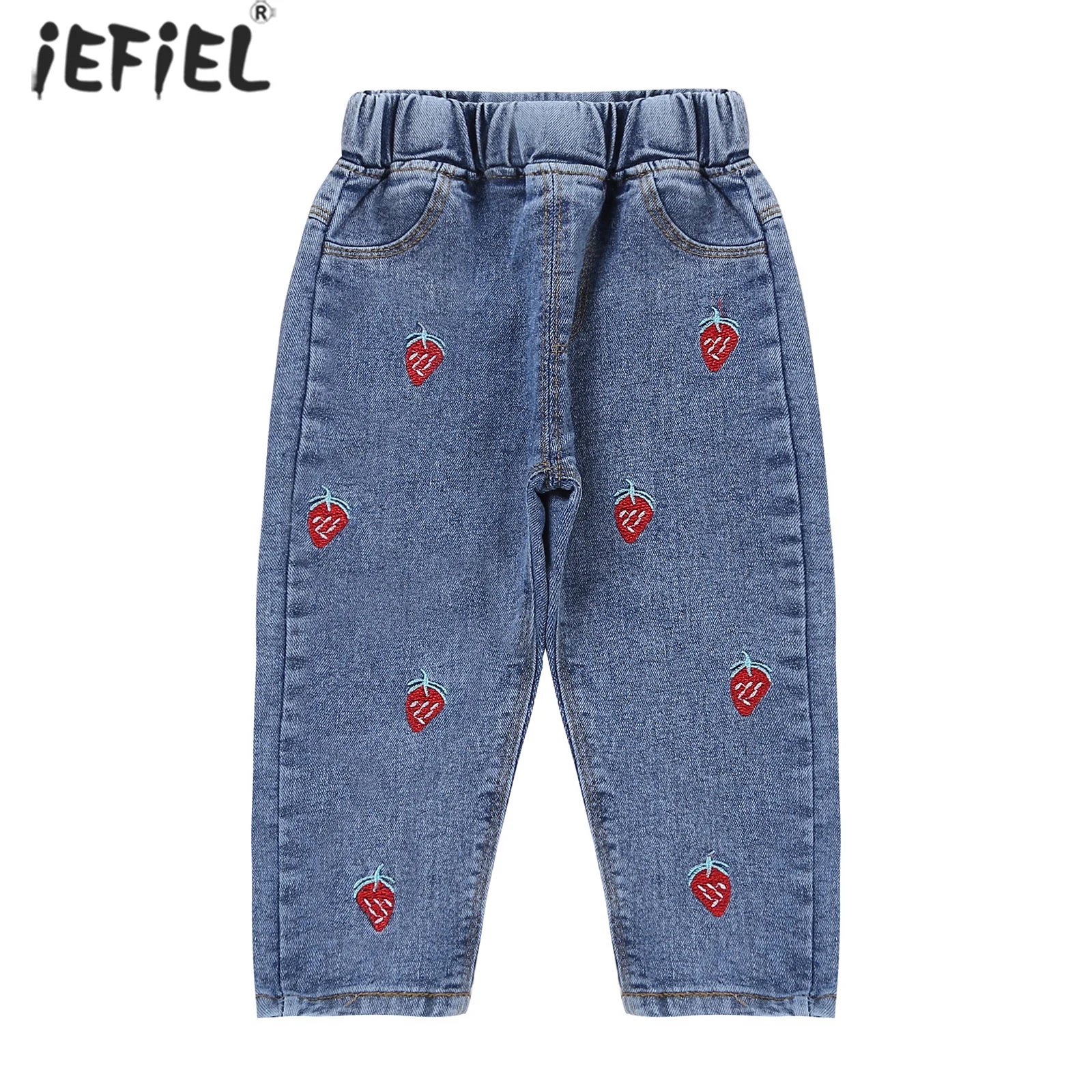 

Джинсы Стрейчевые для девочек 0-5 лет, повседневные Прямые штаны из денима с вышивкой клубничного цвета, с мультяшным принтом