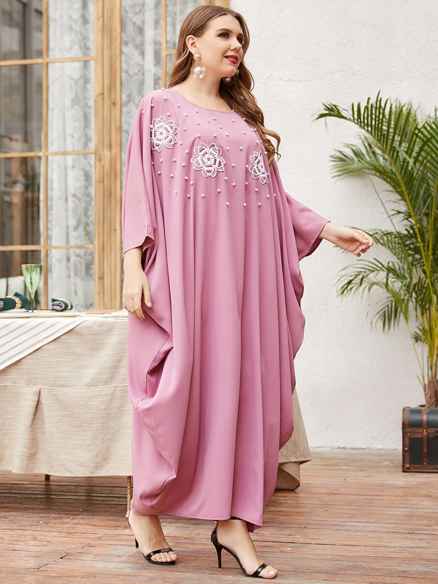 2021 Oversized Batwing Sleeve Muslim Arabic Oman Robe  Pink Pearl Beaded Embroidery Dressing Gowns for Women Ramadan Eid
