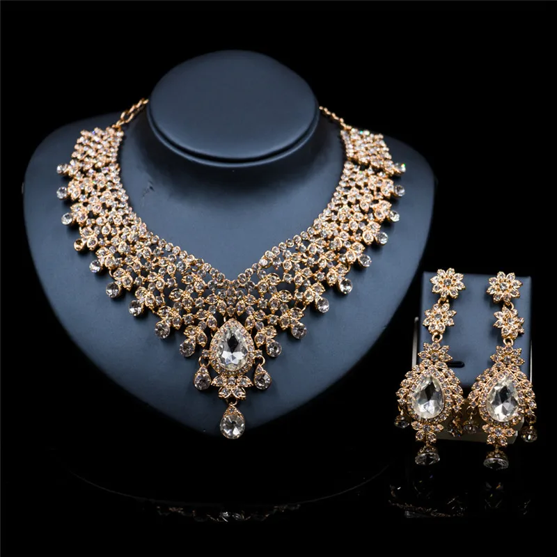 

African Beads Crystal Luxury Wedding Bridal Jewelry Set Necklace Earrings Water Drop Statement Jewelry For Women Luxury Fashion