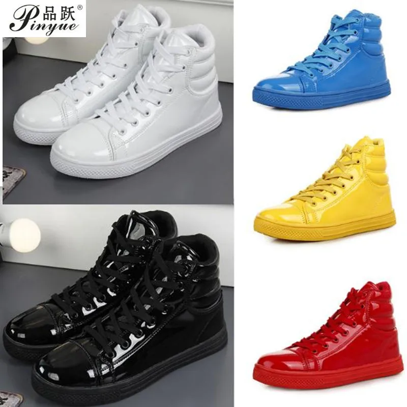 

women and Men's High Top Patent Leather PU Casual Flats Shoes Man Outdoor Footwear Leather Ankle Boots Mens Fashion Martin Boots