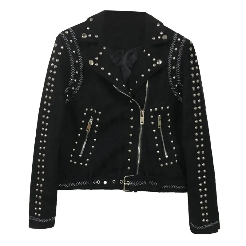 

Fashion Korean Womens Faux Leather Rivet Suede Jackets Long Sleeve Lapel Moto BikerAutumn Winter Slim Fit Short Coats Streetwear