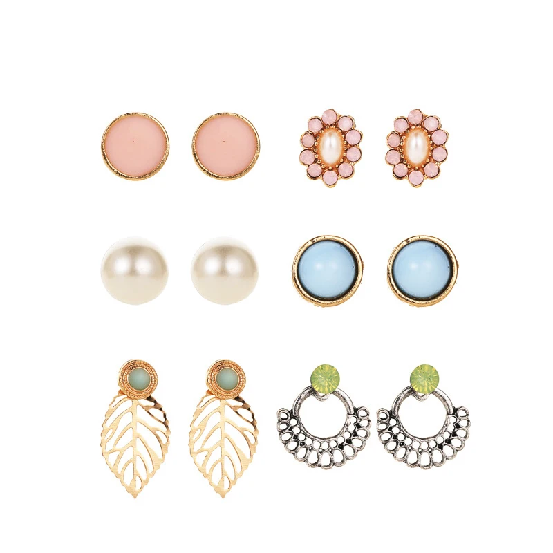 

New Earrings 6 Pairs Pearl Flower Ear Studs Set Fashionable Fresh Hollow Leaf Earrings Popular Women Jewlery Gift
