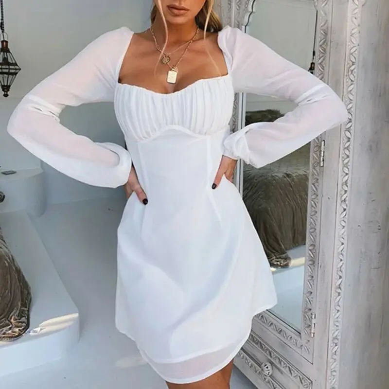 Women Sexy Clubwear See-through Halter Mesh Dress Long Sleeve Casual Summer Backless 2019 New Arrivals | Женская одежда