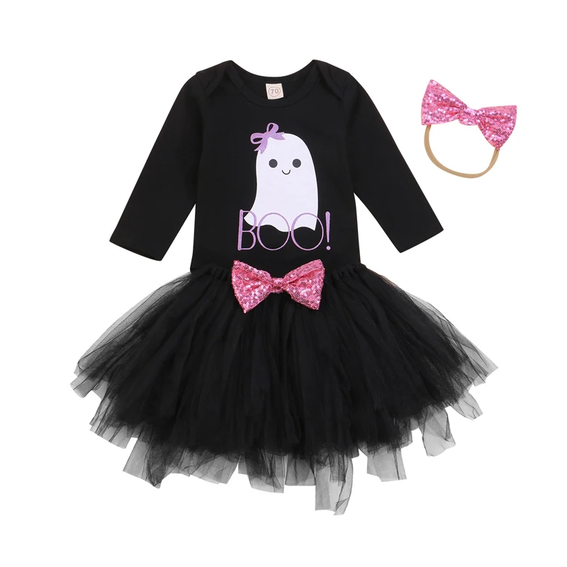 

Pudcoco 2021 0-24M 3Pcs Baby Girls Halloween Clothing Outfits Cartoon Ghost Print Long Sleeve Romper+Tulle Skirt Sequin Bowknot