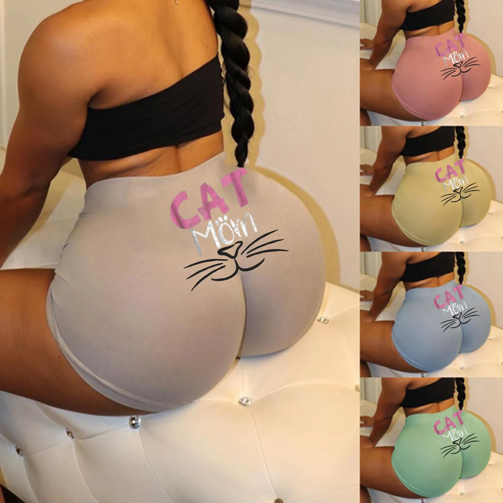 

Women High Waist Running Yoga Shorts Cat Mom Lettering Print Short Pants Fitness Tight Sportswear A20