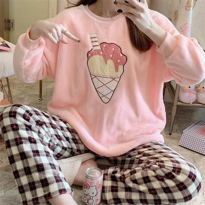 QWEEK Pajama Set Women Flannel Pyjamas Ice Cream Hamburger Fries Pattern Plaid Sleep Pants Loungewear Autumn Winter Pijamas Cute