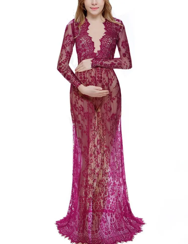 

Women See Through Floral V-Neck Elegant Lace Long Dress Sexy Maxi Autumn Winter Evening Party Dresses Vestidos