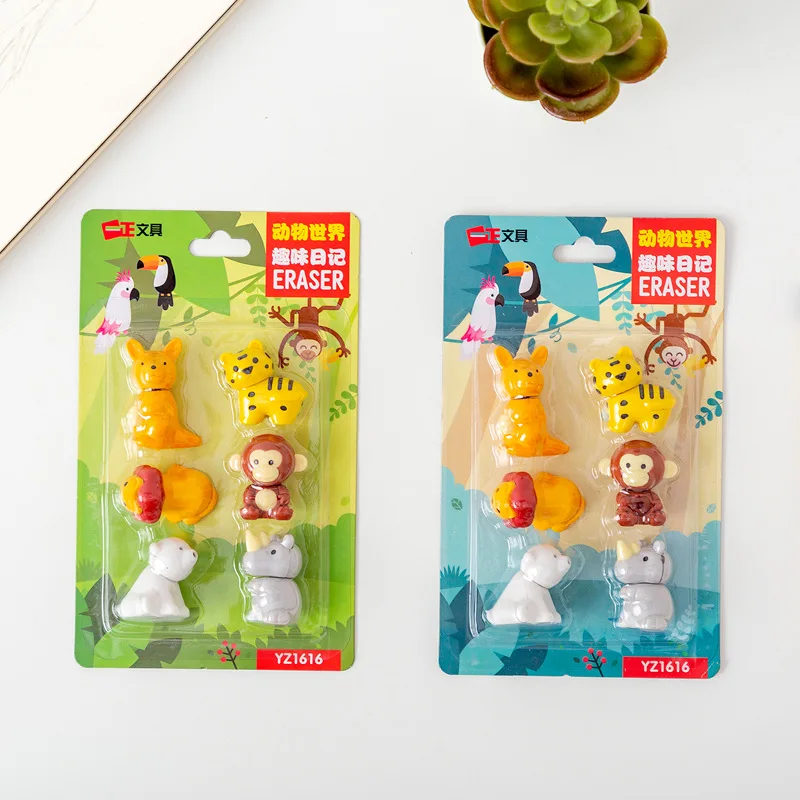 

8 set/lot Creative cute animal world blister-card eraser / rubber eraser suit / student eraser/toy children gift