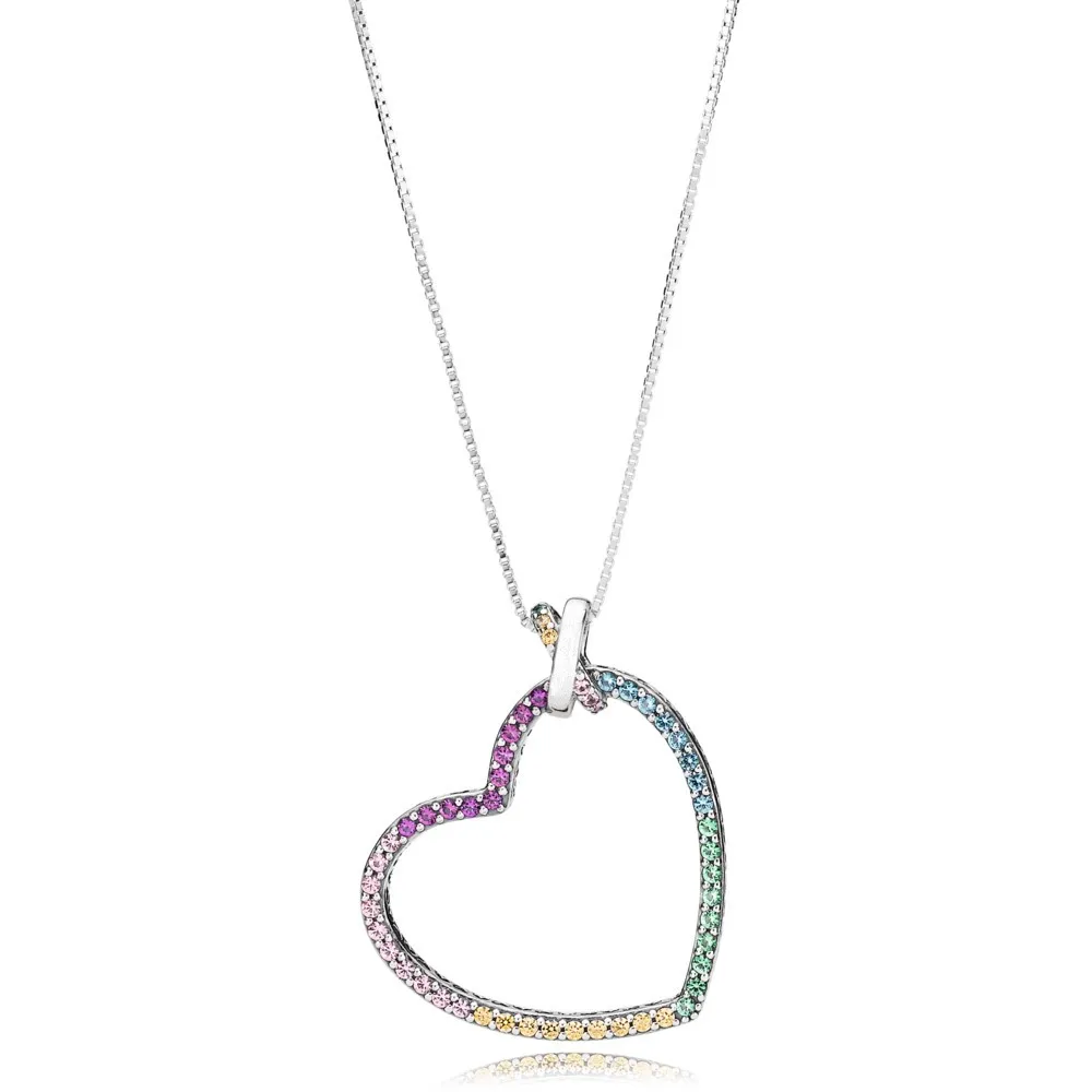 

925 Sterling Silver Multi-colour Heart Necklace Fit Silicone Snake Chain Jewelry Clear Crystal CZ Pendant Necklace