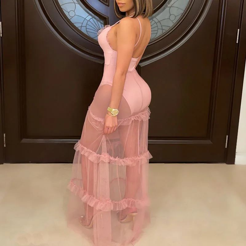 

Women Lace Splicing Backlesssexy See-through Mesh Maxi Dress Summer Fashion Spaghetti Strap Beach Dress