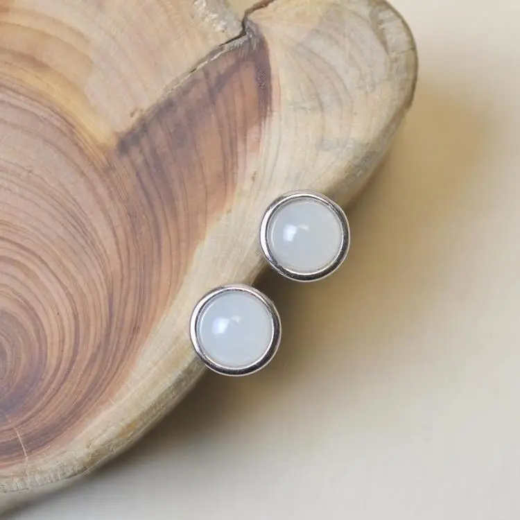 

Natural Hetian Jade White Jade S925 Sterling Silver Stud Earrings Women's White Jade Fresh Simple and Stylish Earrings Ear Rings
