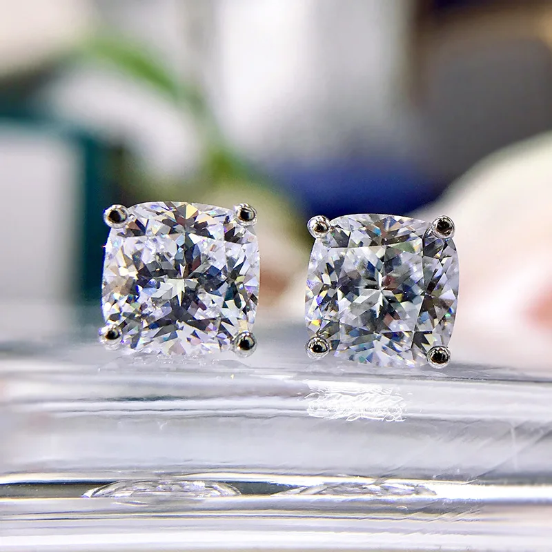 

100% 925 Sterling Silver Earring 7*7mm Cushion Shape High Carbon Diamond Stud Earrings For Women Sparkling Wedding Fine Jewelry