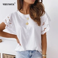 sexy lace patchwork short butterfly sleeve tops elegant embroidery solid o neck shirts blouses summer women harajuku shirt blusa