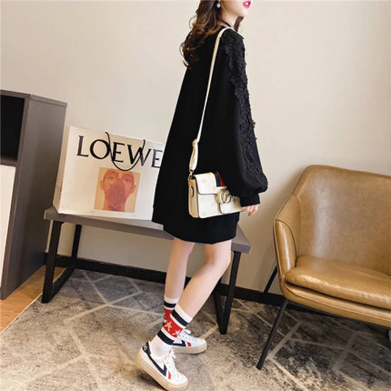 

CN 2021 New Women Sweatshirt Spring Autumn Casual Letter Print Mid Length Sweatshirt Korean Lace Patchwork Sweatshirt Women