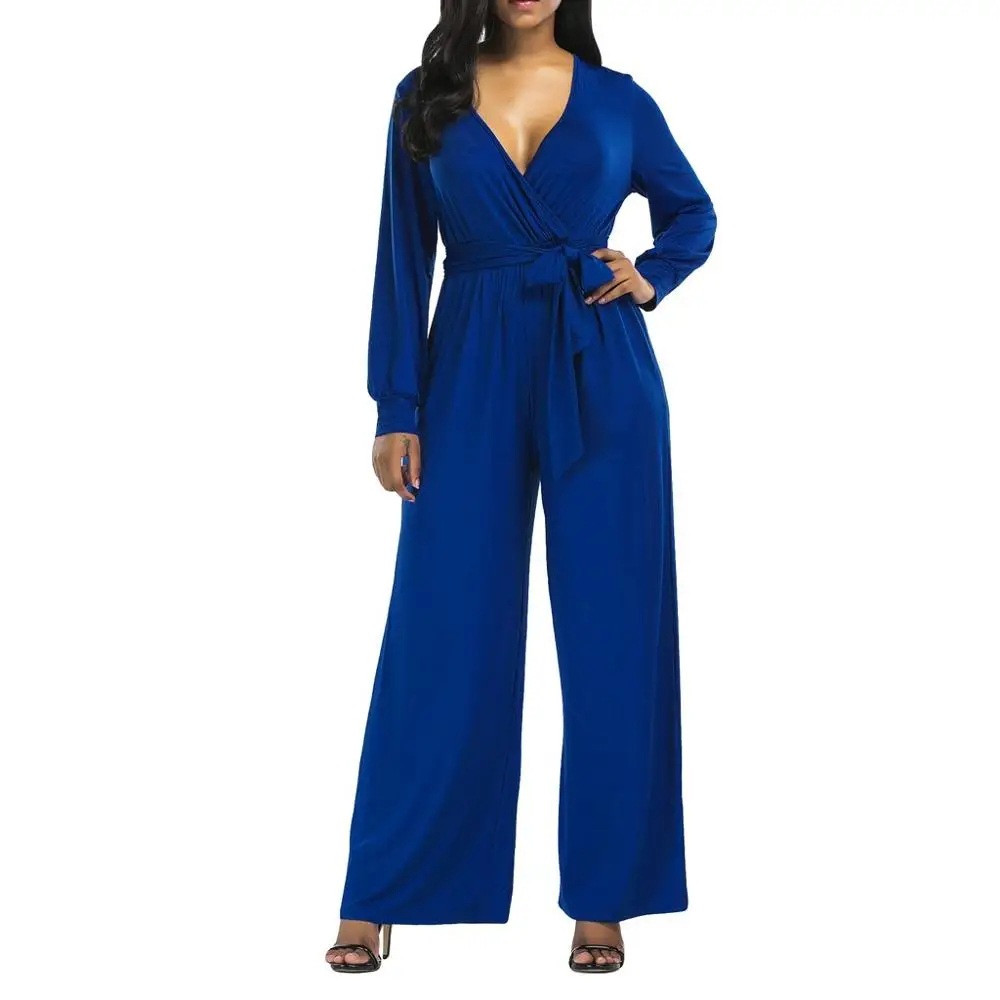 Комбинезон женский стрейчевый однотонный с длинным рукавом и V образным вырезом|