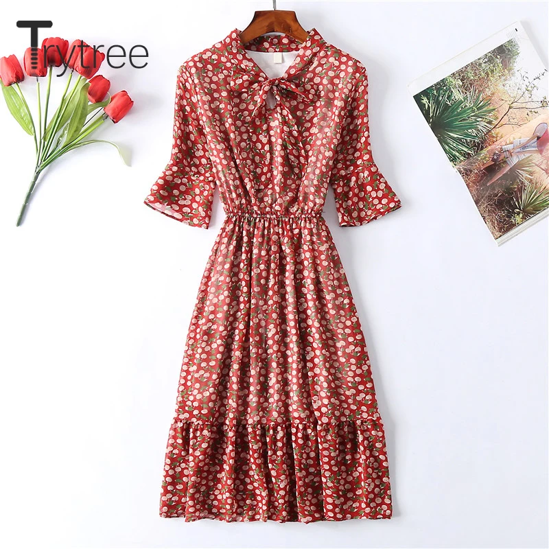 Trytree 2020 Spring Summer Women Dress Casual Bow Flare Sleeve print A-line Ruffle 6 Color Elegant Knee-Length | Женская одежда